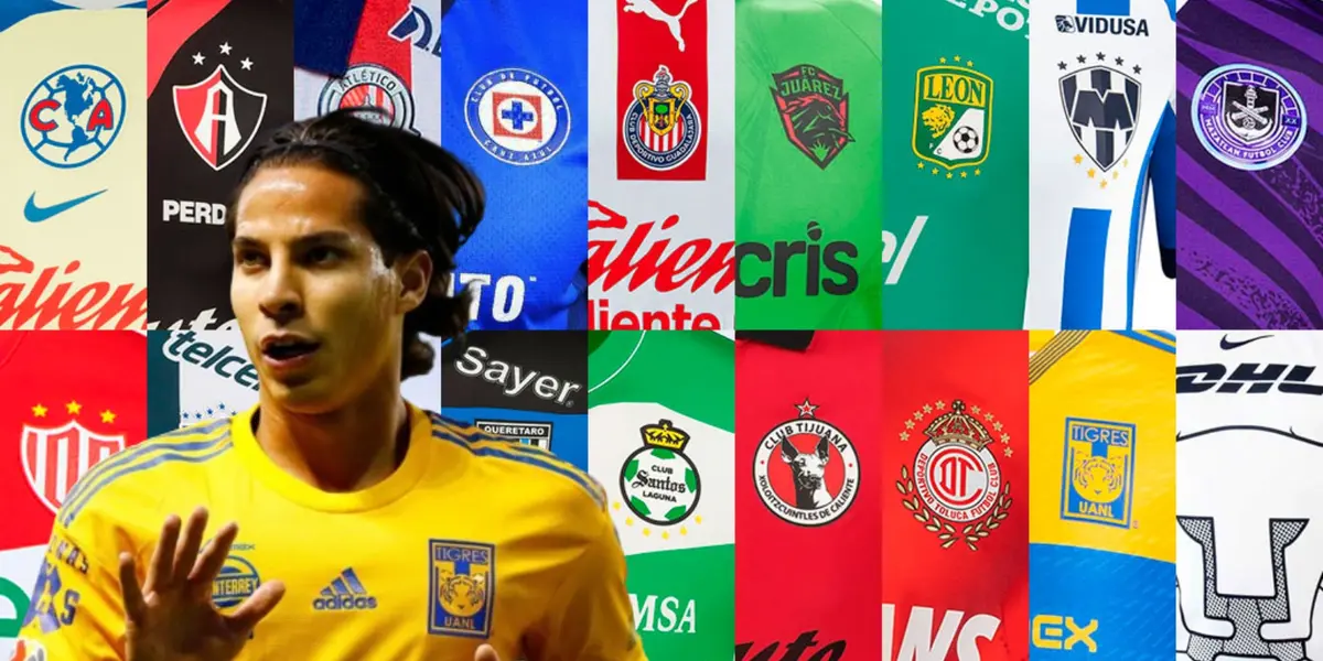 Diego Lainez junto a escudos de clubes de la Liga MX / FOTO NACIÓN DEPORTES