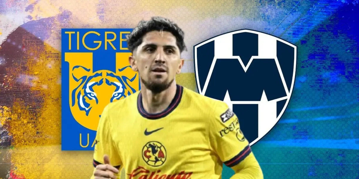 Diego Valdés junto a los escudos de Tigres y Rayados / FOTO DEPORTES 13