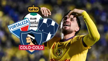 Diego Valdés y escudos de Fortaleza, Colo Colo, Rayados y Santos Laguna/Foto Fútbol Total.
