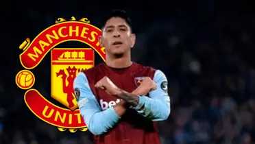 Edson Álvarez junto al escudo del Manchester United / FOTO TUDN