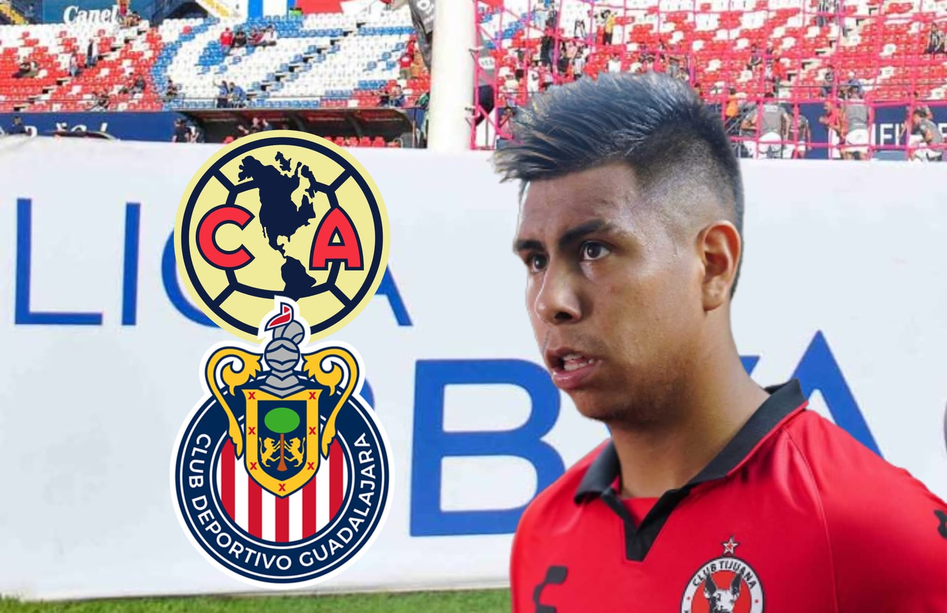Efraín Álvarez y escudos de América y Chivas/Foto Fútbol Total.