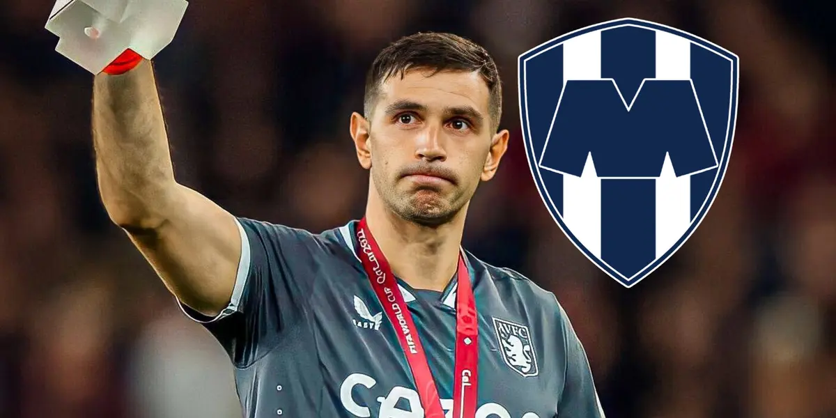 Emiliano 'Dibu' Martínez y escudo de Monterrey/Foto Cadena 3 Argentina.