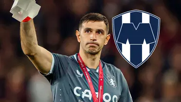 Emiliano 'Dibu' Martínez y escudo de Monterrey/Foto Cadena 3 Argentina.