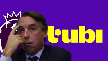 Emilio Azcárraga con la mano en la frente y logo de Tubi/ Foto Fútbol Total.