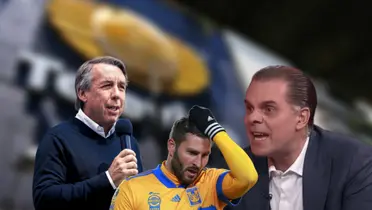 Emilio Azcárraga con micrófono, André Pierre Gignac y Christian Martinoli/Foto CEO.