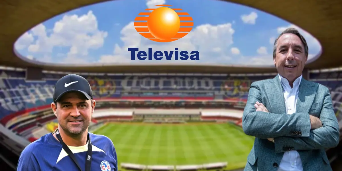 Emilio Azcárraga de brazos cruzados, André Jardine y el logo de Televisa/ Foto Club América.