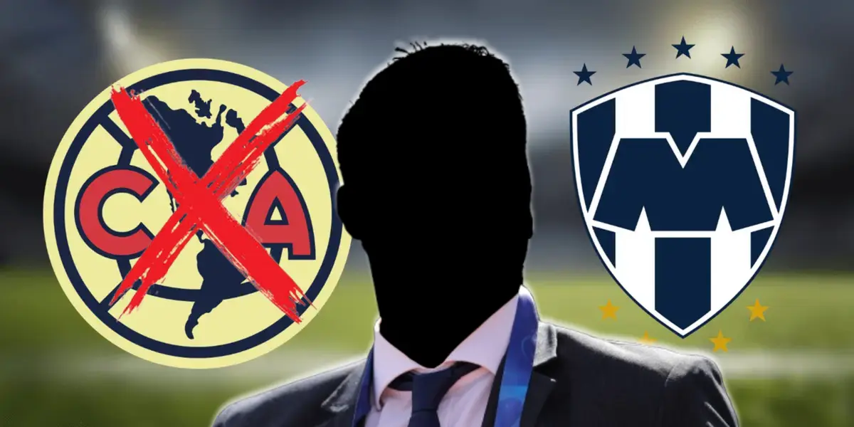 Entrenador incógnito junto a escudos del América y Rayados / FOTO INFOBAE