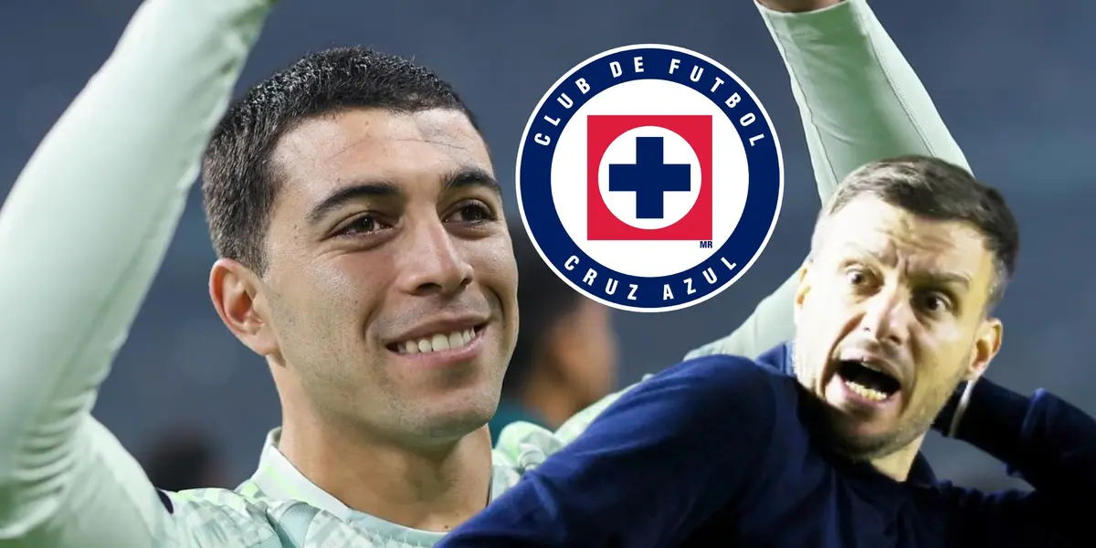 Erik Lira, escudo de Cruz Azul y Martín Anselmi/ Foto Threads.