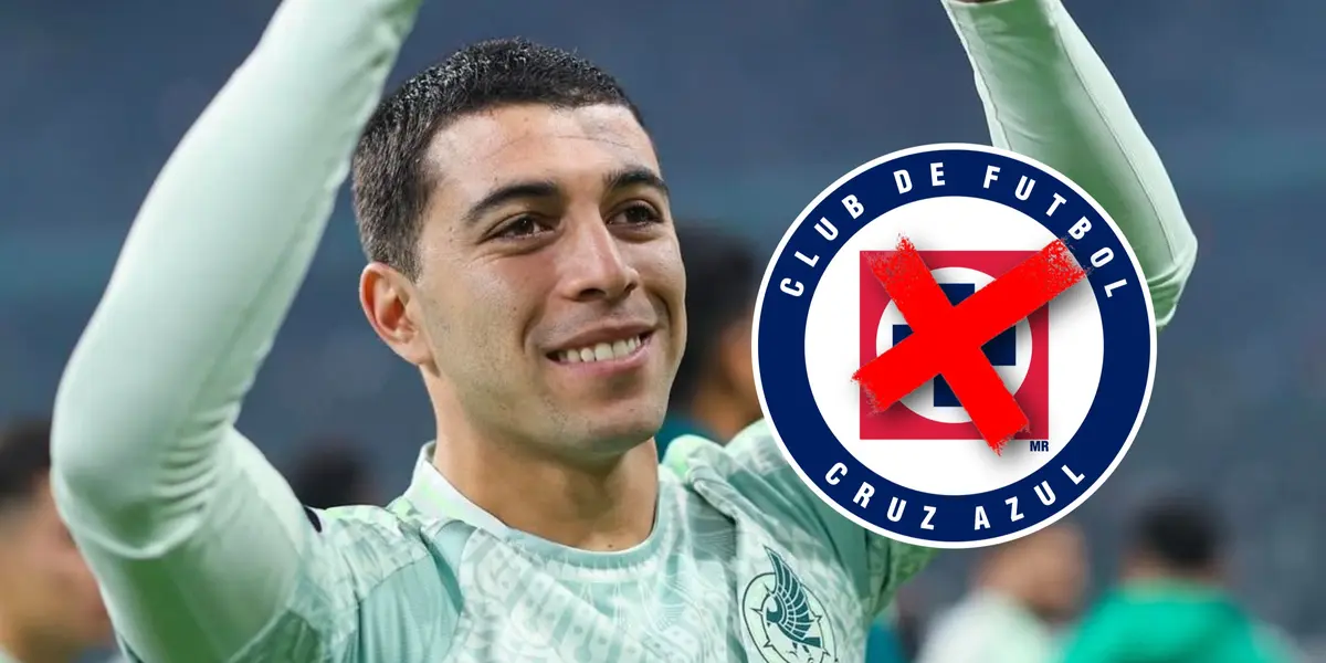 Erik Lira y escudo de la máquina celeste tachado/Foto Cruz Azul.