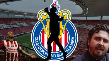 Estadio Akron de fondo, foto de Wikipedia. Amaury, CH14 y escudo de Chivas.