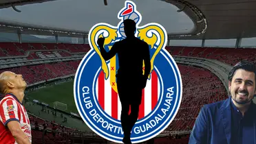 Estadio Akron de fondo tomado de Wikipedia, con CH14, Amaury y escudo de Chivas.