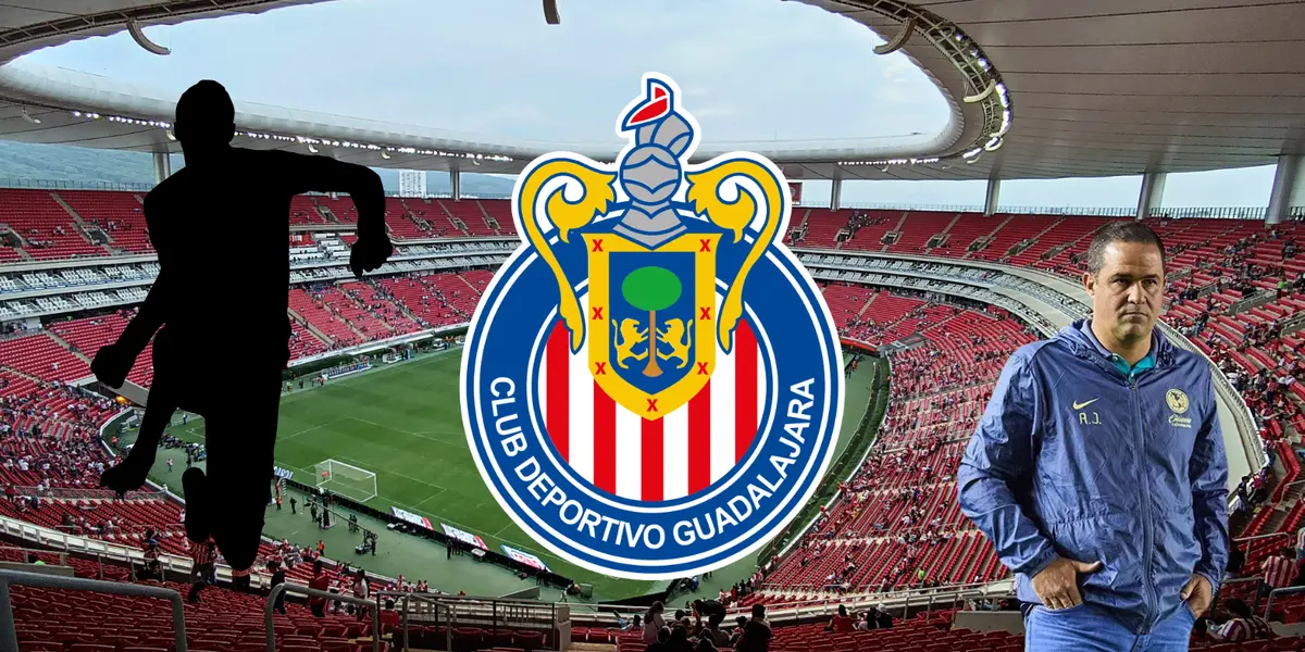 Estadio Akron de fondo, tomado de Wikipedia, con Jardine y escudo de Chivas al frente