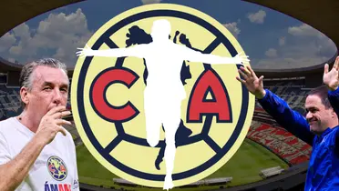 Estadio Azteca de fondo en foto de Wikipedia, con escudo del América, Jardine y Azcárraga