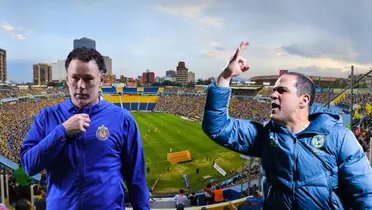 Estadio Azulcrema de fondo, con Milito y Jardine al frente