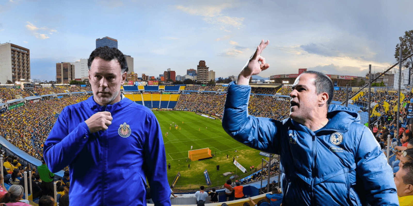 Estadio Azulcrema de fondo, con Milito y Jardine al frente
