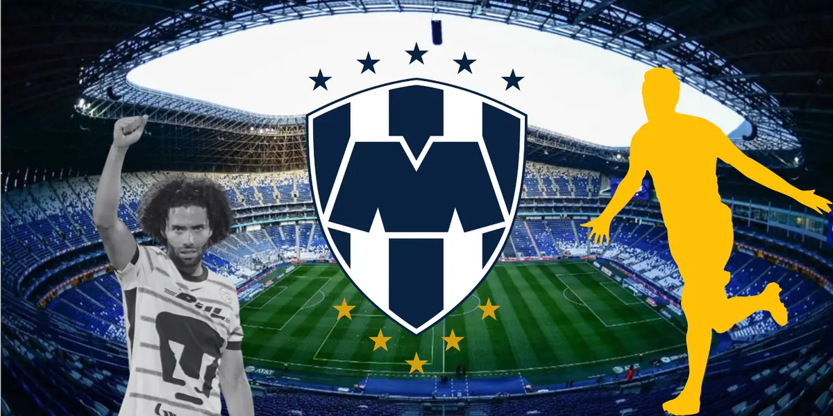 Estadio BBVA de fondo tomado de Wikipedia, con Huerta y escudo de Rayados al frente.