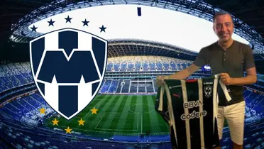 Estadio BBVA tomado de Wikipedia, con Xavi y escudo de Rayados