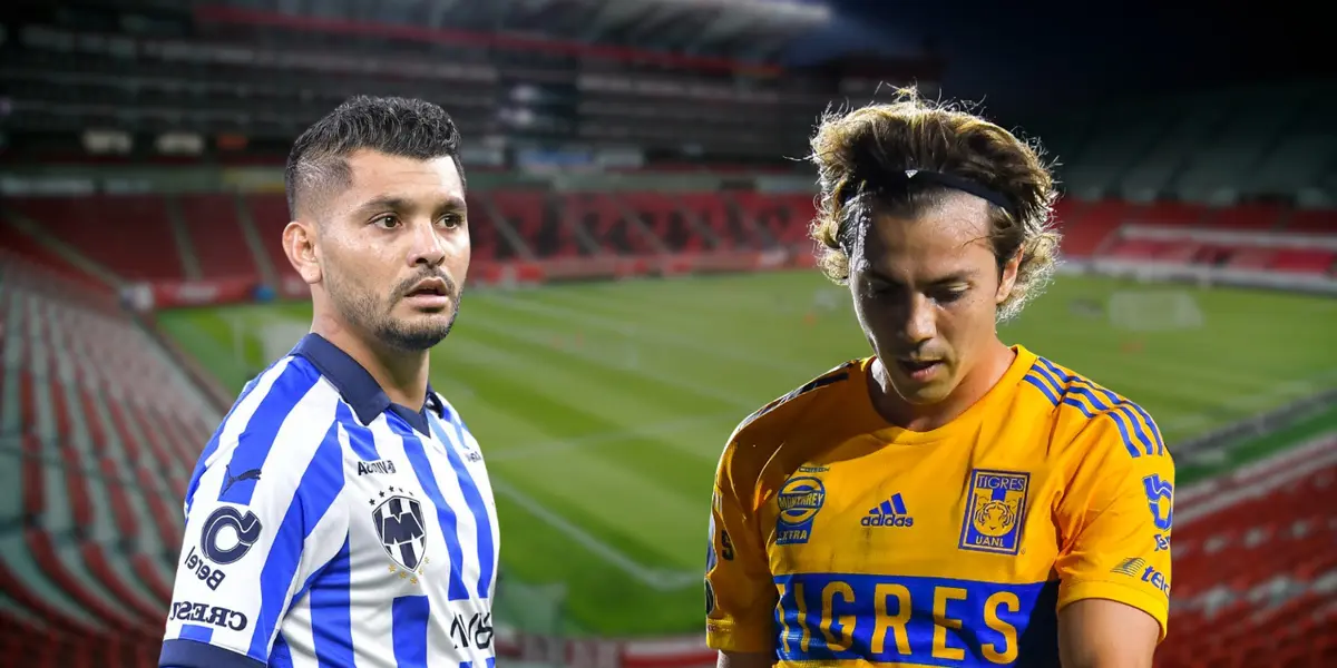 Estadio Caliente de fondo, tomado de Wikipedia, con Tecatito y Córdova al frente