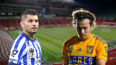 Estadio Caliente de fondo, tomado de Wikipedia, con Tecatito y Córdova al frente