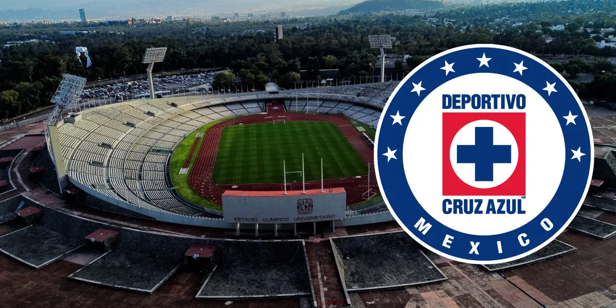 Estadio CU de fondo, tomado de Wikipedia, con escudo de Cruz Azul al frente