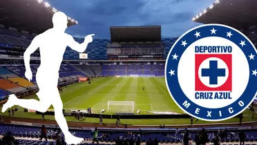 Estadio Cuauhtémoc de fondo, tomado de Azteca, con escudo de Cruz Azul al frente