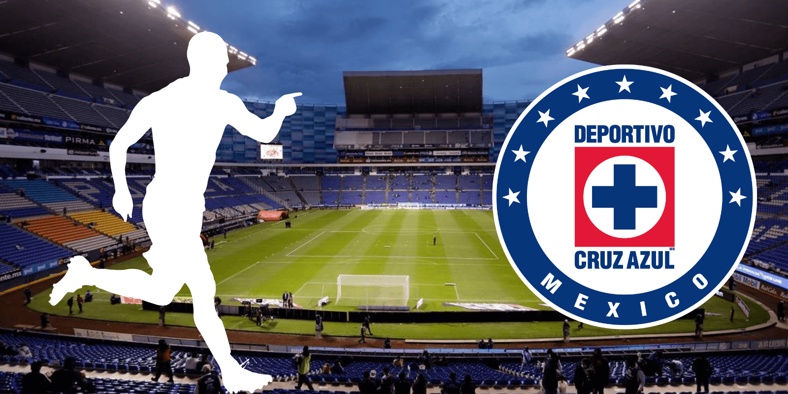 Estadio Cuauhtémoc de fondo, tomado de Azteca, con escudo de Cruz Azul al frente
