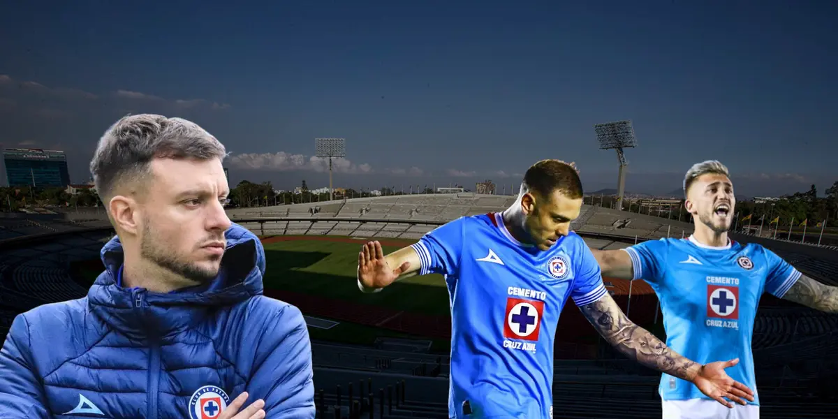 Estadio de CU de fondo, tomado de Wikipedia, con Anselmi, Rotondi y Piovi al frente