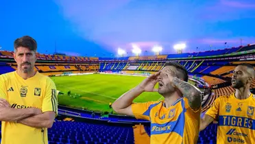 Estadio de Tigres de fondo, foto de Fútbol Total con Paunoviç, Carioca y Gignac al frente