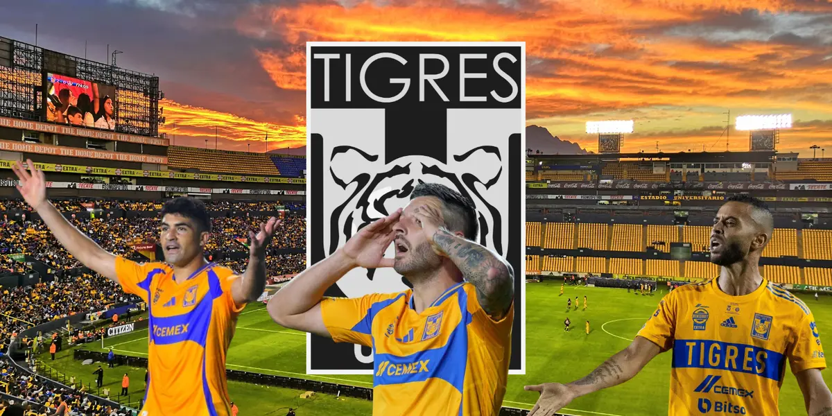 Estadio de Tigres de fondo, foto de Wikipedia, con Ibáñez, Gignac y Carioca al frente.