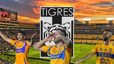 Estadio de Tigres de fondo, foto de Wikipedia, con Ibáñez, Gignac y Carioca al frente.