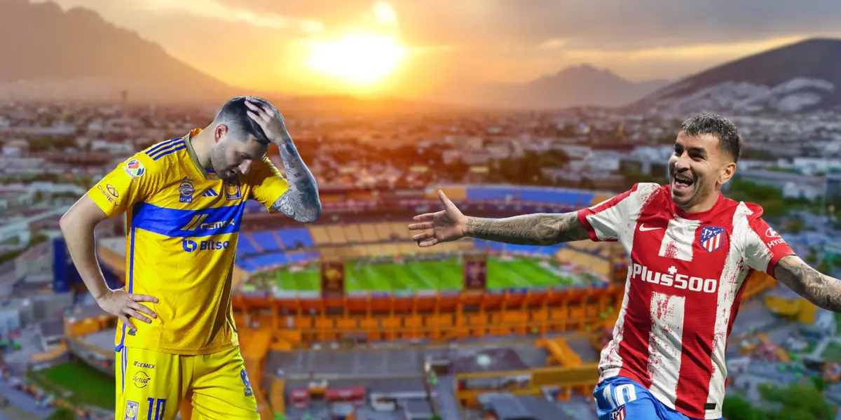 Estadio de Tigres de fondo, tomado de Tigres, con Gignac y Correa al frente