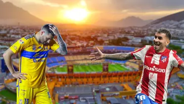 Estadio de Tigres de fondo, tomado de Tigres, con Gignac y Correa al frente