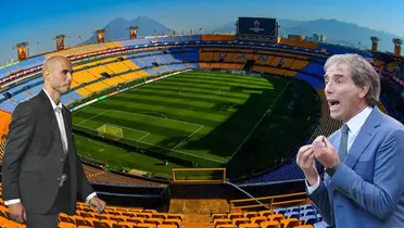 Estadio de Tigres de fondo, tomado de Tigres, con Pizarro y Almada al frente