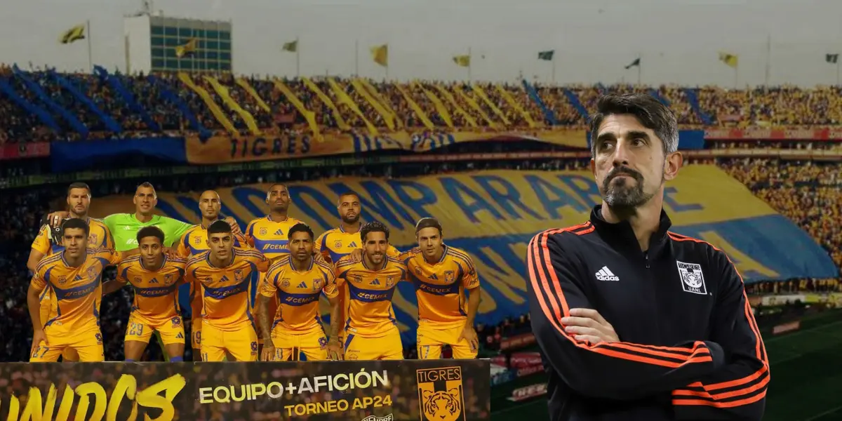 Estadio de Tigres de fondo, tomado de TV Azteca, con Paunoviç y jugadores al frente