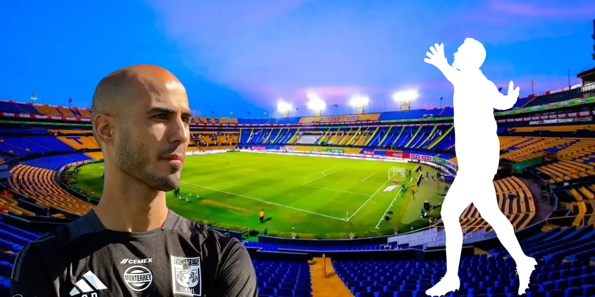 Estadio de Tigres de fondo, tomado de Wikipedia, con Guido al frente