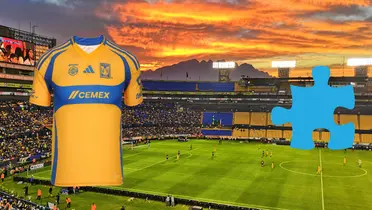 Estadio de Tigres de fondo tomado de Wikipedia, con jersey al frente