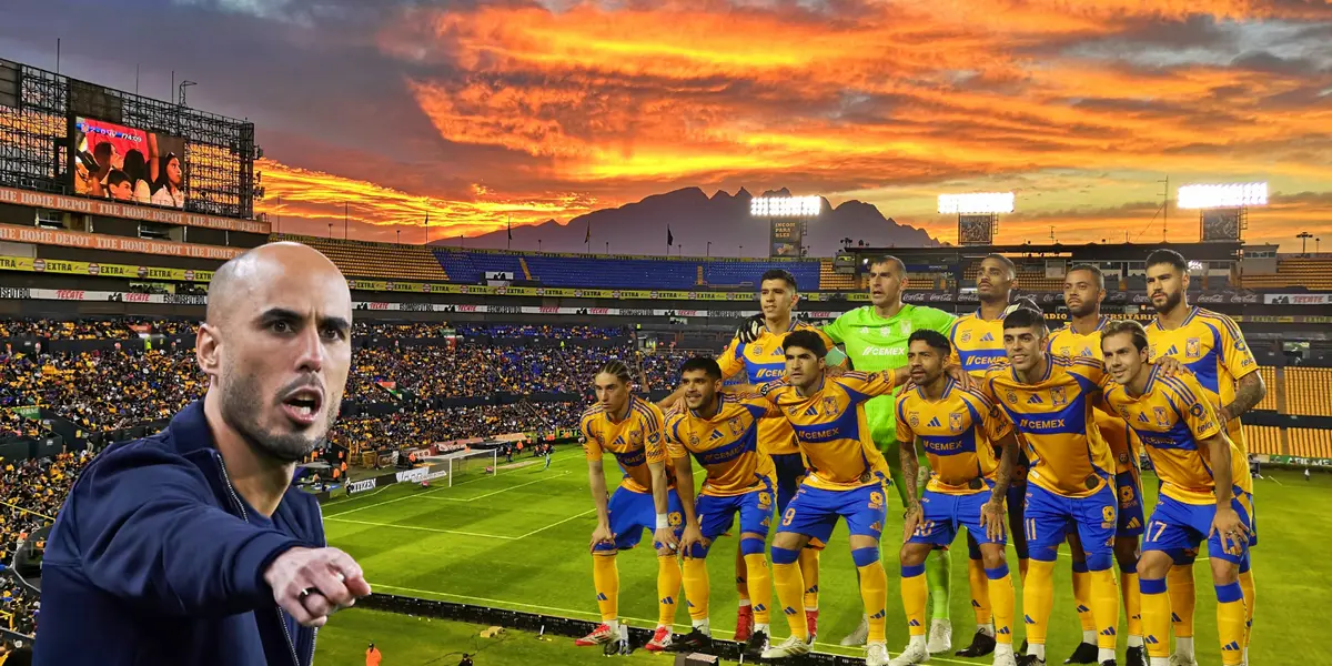 Estadio de Tigres de fondo, tomado de Wikipedia, con jugadores y Pizarro