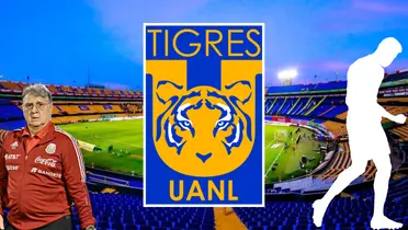 Estadio de Tigres de fondo, tomado de Wikipedia, con Martino al frente