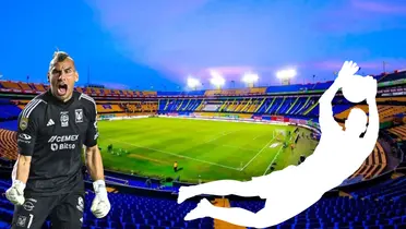 Estadio de Tigres de fondo, tomado de Wikipedia, con Nahuel al frente