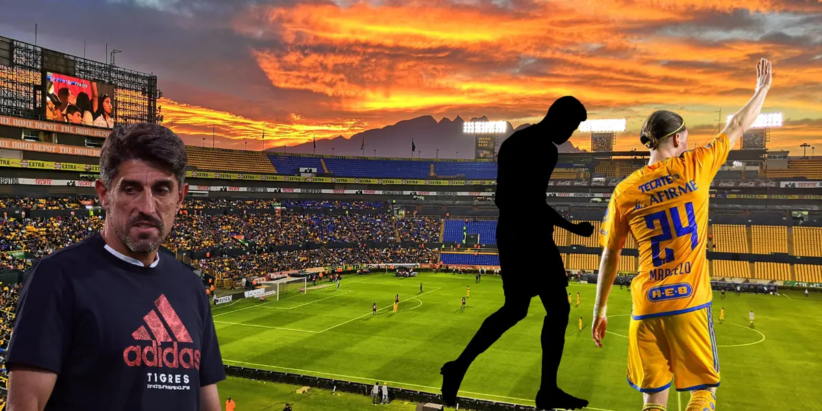 Estadio de Tigres de fondo, tomado de Wikipedia, con Paunoviç y Flores al frente