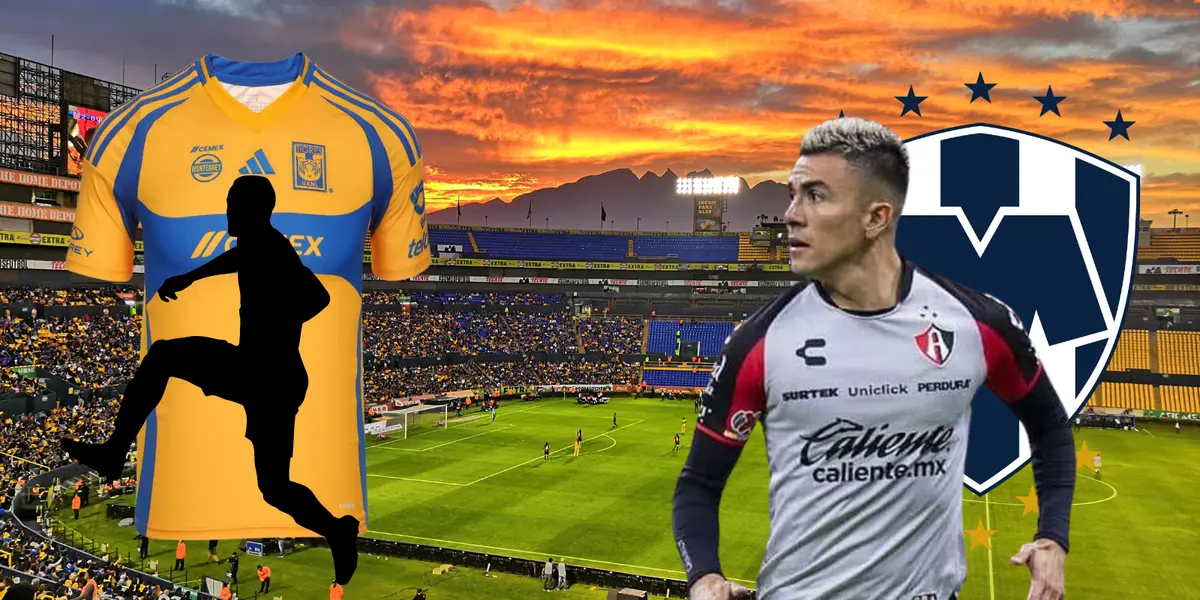 Estadio de Tigres de fondo, tomado de Wikipedia, con Reyes, jersey de Tigres y escudo de Rayados