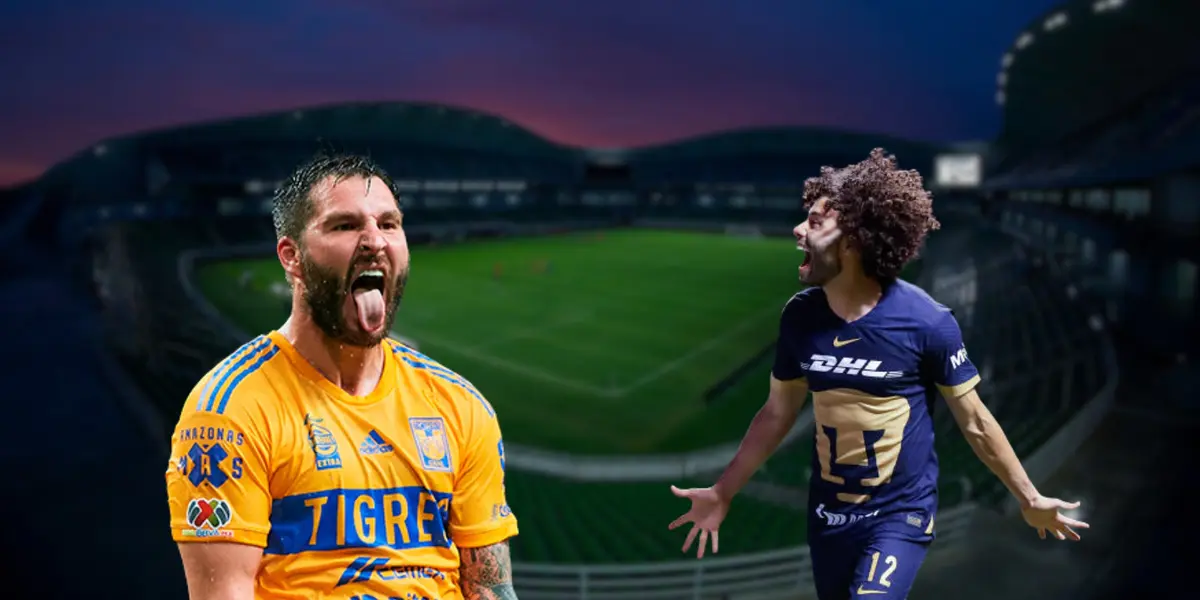 Estadio El Encanto de fondo, tomado de Wikipedia, con Gignac y Huerta al frente