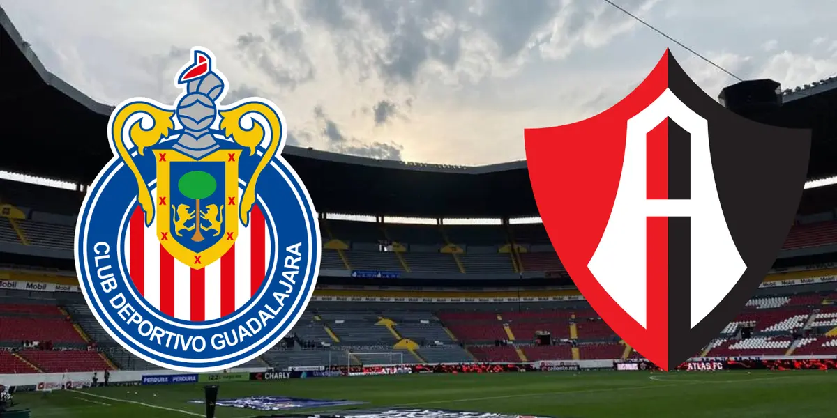 Estadio Jalisco de fondo, con escudo de Chivas y Atlas; fondo de Wikipedia