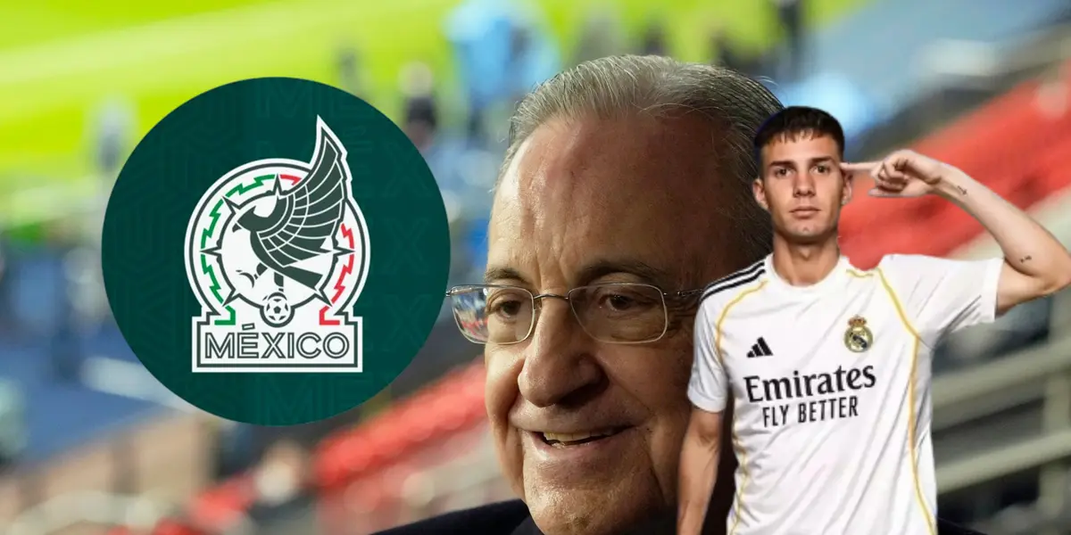 Florentino Pérez, escudo de Selección Mexicana y Franco Mastantuono/Foto Variety.