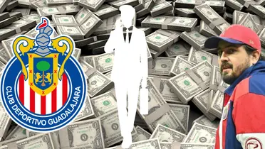 Fondo de dólares tomado de Canva, con Amaury y escudo de Chivas.