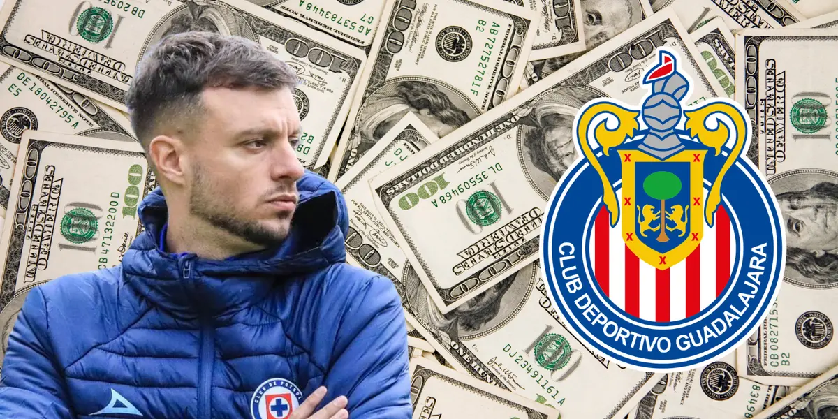 Fondo de dólares tomado de Canva, con Ansemi y escudo de CHivas al frente