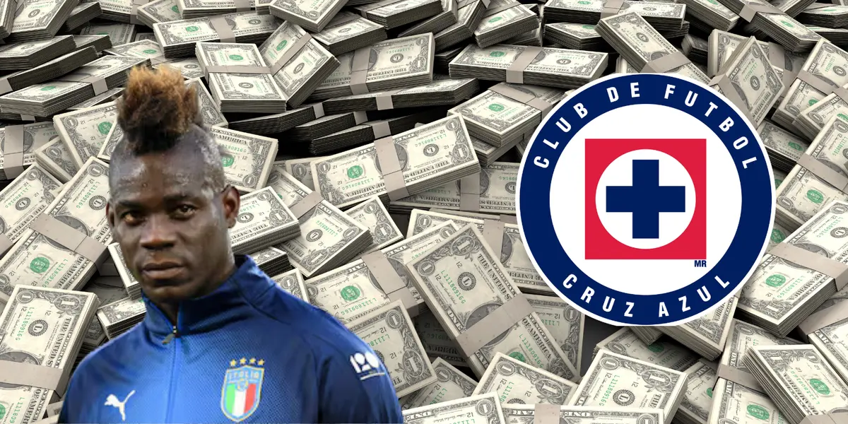 Fondo de dólares tomado de Canva con Balotelli y escudo de Cruz Azul