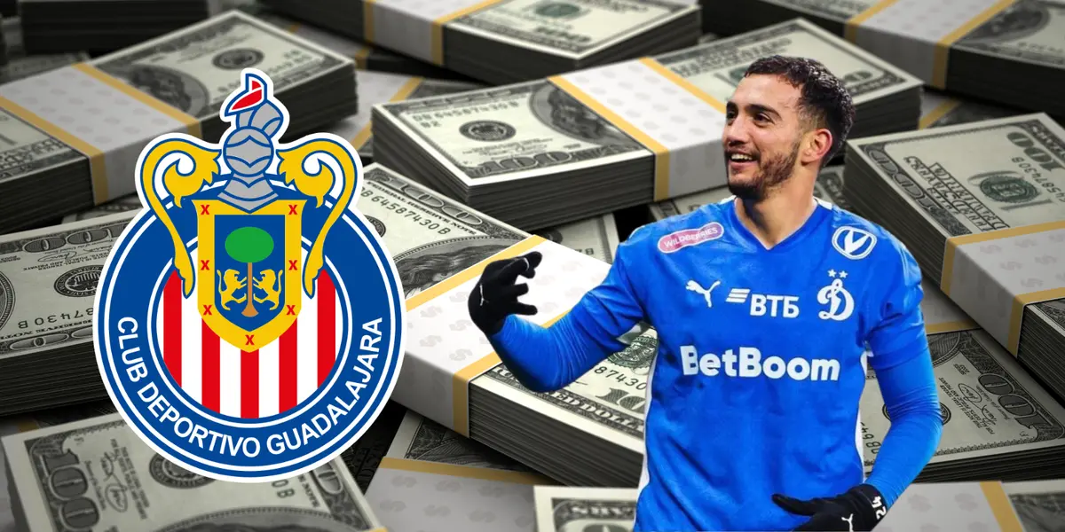 Fondo de dólares tomado de Canva, con escudo de Chivas y Chávez al frente