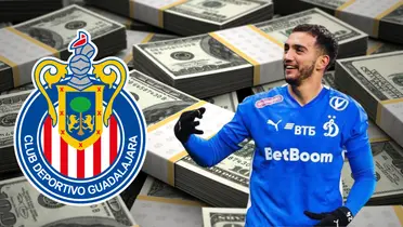 Fondo de dólares tomado de Canva, con escudo de Chivas y Chávez al frente