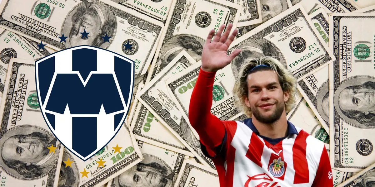 Fondo de dólares tomado de Canva, con escudo de Rayados y Cowell